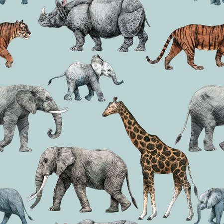 Beautiful stock seamless pattern with cute hand drawn safari giraffe elephant tiger monkey...