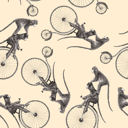 Beautiful stock seamless pattern with cute hand drawn monkey on bike pencil illustrations.の写真素材