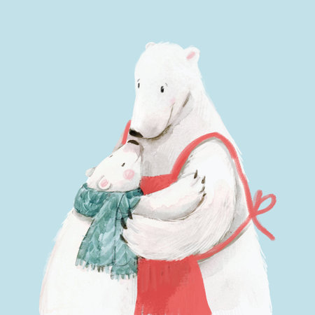 Beautiful christmas stock illustration with hand drawn watercolor cute polar bear family. Mother and child.の写真素材