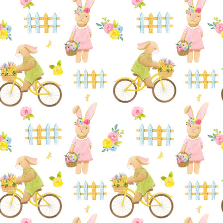 Beautiful seamless pattern with watercolor cute bunny boy on bike with basket of flowers and rabbit girl.の写真素材
