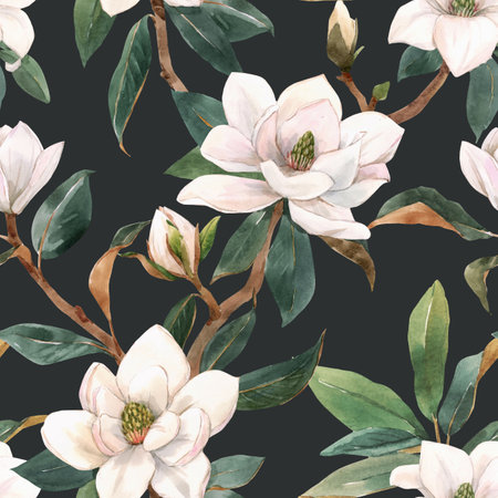 Beautiful seamless pattern with hand drawn watercolor white magnolia flowers. Stock illustration.の写真素材