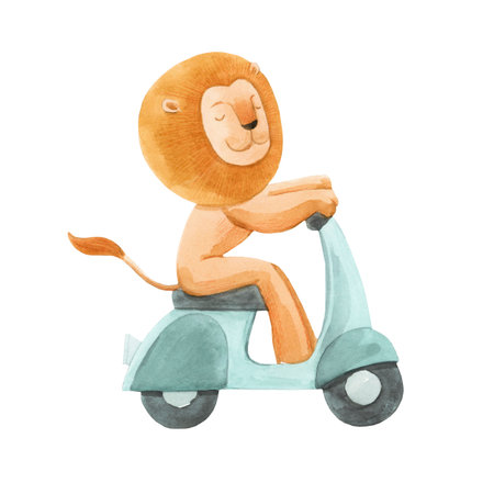 Beautiful stock illustration with cute watercolor lion on scooter. Animal hand drawn painting.の写真素材