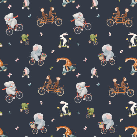 Beautiful seamless pattern for children with watercolor hand drawn cute animals on transport. Stock illustration.の写真素材