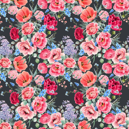 Beautiful seamless floral pattern with watercolor gentle red summer flowers. Stock illustration.の写真素材