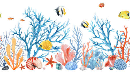 Beautiful seamless horizontal underwater pattern with watercolor sea life colorful corals and fish. Stock illustration.の写真素材