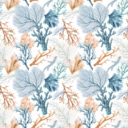 Beautiful seamless underwater pattern with watercolor sea life colorful corals. Stock illustration.の写真素材