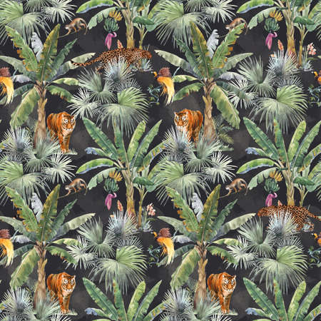 Beautiful seamless pattern with watercolor tropical palms and jungle animals tiger, giraffe, leopard. Stock illustration.の写真素材