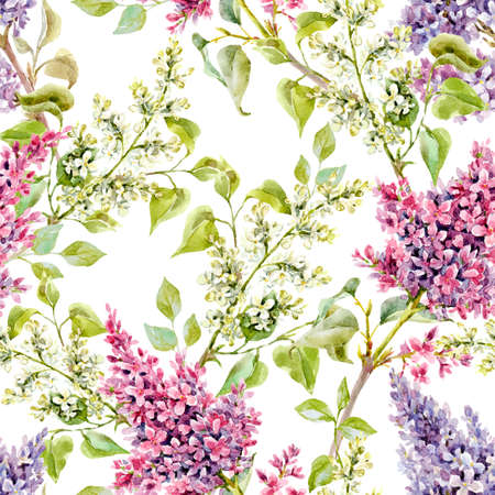 Beautiful floral spring seamless pattern with watercolor gentle lilac flowers. Stock illustration.の写真素材