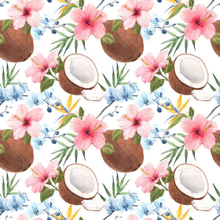 Beautiful seamless tropical pattern with watercolor hand drawn coconut, rose hibiscus and blue orchid. Stock illustration.の写真素材