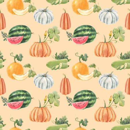 Beautiful seamless pattern with cute watercolor hand drawn melon watermelon and pumpkin vegetables....