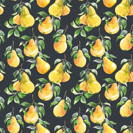 Beautiful seamless pattern with hand drawn watercolor tasty summer pear fruits. Stock illustration.の写真素材