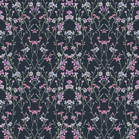 Beautiful seamless floral pattern with gentle watercolor hand drawn purple wild field flowers. Stock illustration.の写真素材