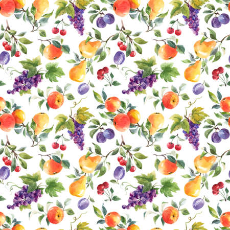Beautiful seamless pattern with hand drawn watercolor tasty summer pear apple grape cherry plum...