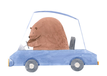 Beautiful stock baby illustration with cute hand drawn watercolor little animal driver in a car.の写真素材