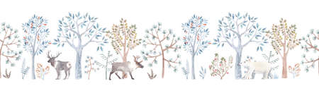 Beautiful winter seamless pattern with hand drawn watercolor cute trees and forest bear fox deer...