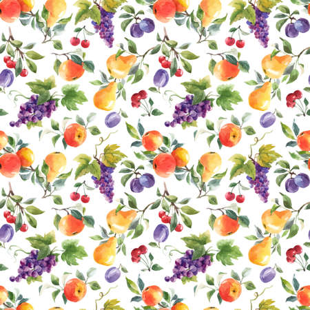 Beautiful vector seamless pattern with hand drawn watercolor tasty summer pear apple grape cherry plum fruits. Stock illustration.のイラスト素材