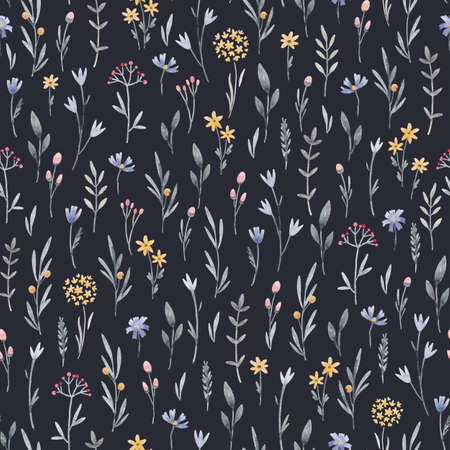 Beautiful floral seamless pattern with cute watercolor hand drawn wild flowers. Stock illustration.の写真素材