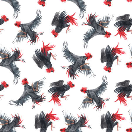 Beautiful seamless pattern with watercolor fighting black roosters. Stock illustration.の写真素材