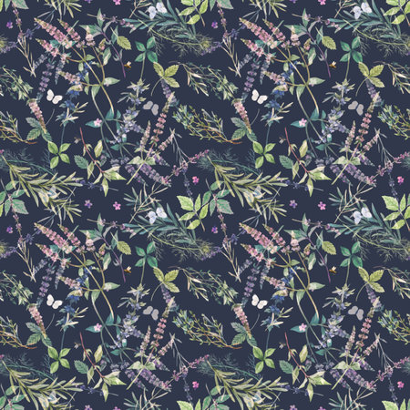 Beautiful seamless floral pattern with hand drawn watercolor gentle mint flowers and other herbs. Stock illuistration. Autotraced vector.のイラスト素材