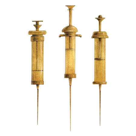 Beautiful stock set with hand drawn watercolor retro syringe illustrations.の写真素材