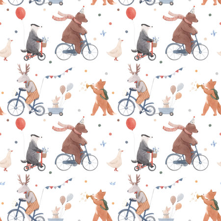 Beautiful seamless pattern with cute hand drawn watercolor animals on bikes and air baloons. Birthday party celebration. Stock baby illustration.の写真素材