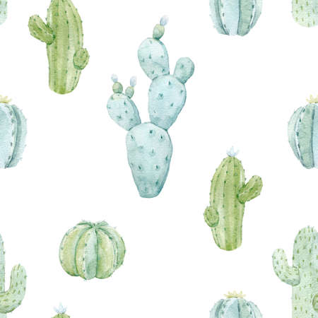 Beautiful seamless pattern with hand drawn watercolor cactus. Stock illustration.の写真素材