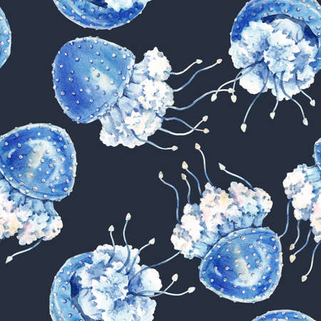Beautiful seamless pattern with cute watercolor underwater sea life jellyfish. Stock illustration.