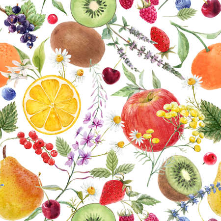 Beautiful seamless pattern with hand drawn watercolor tasty summer pear apple grape cherry plum fruits. Stock illustration.の写真素材