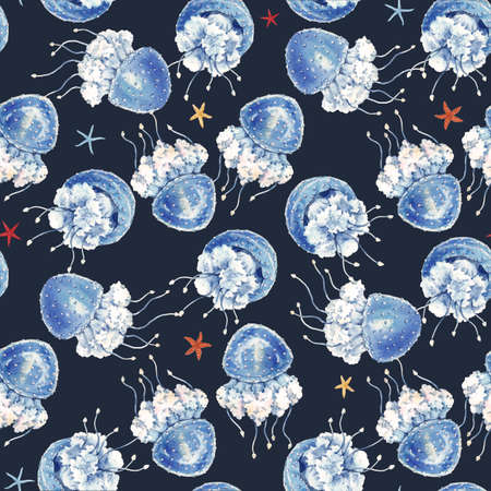 Beautiful seamless pattern with cute watercolor underwater sea life jellyfish. Stock illustration.