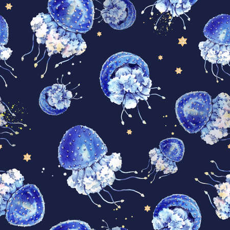 Beautiful seamless pattern with cute watercolor underwater sea life jellyfish. Stock illustration.の写真素材