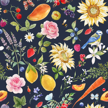 Beautiful seamless summer pattern with watercolor flowers and lemon pear orange mango fruits. Stock...