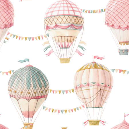 Beautiful seamless pattern with cute watercolor hand drawn retro vintage air balloons with flags. Stock illustration.の写真素材