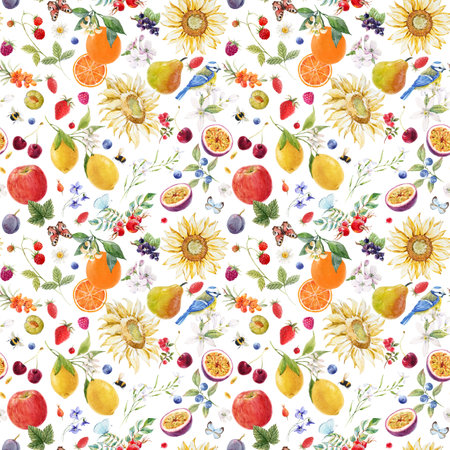 Beautiful seamless summer pattern with watercolor flowers and lemon pear orange   fruits. Stock...