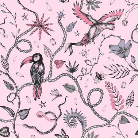Beautiful trendy seamless pattern with hand drawn chimera animals birds insects and fantasy plants. Stock fashionable textile illustration.の写真素材