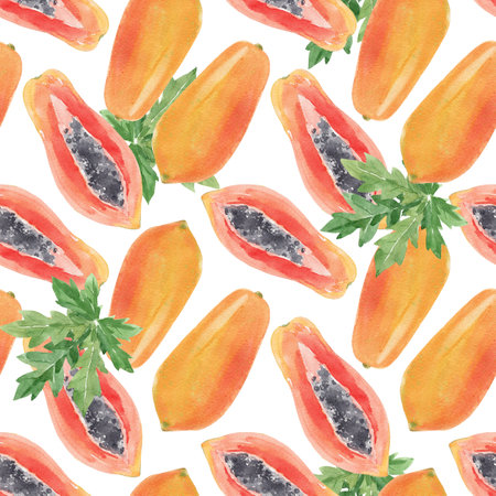 Beautiful seamless pattern with hand drawn watercolor tasty papaya fruit. Healthy vegan food.の写真素材
