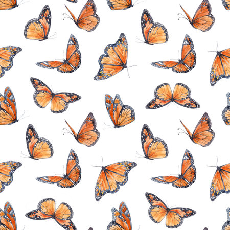 Beautiful seamless pattern with cute watercolor butterflies. Stock illustration.の写真素材