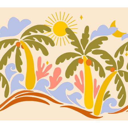 Beautiful vector old style 70s retro floral seamless pattern with colorful palms waves sun. Stock...
