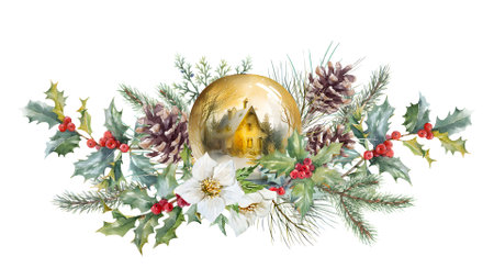 Beautiful christmas composition with watercolor hand drawn glassglobe with fir cones branches and holly with red berries. Stock clip art illustration.の写真素材