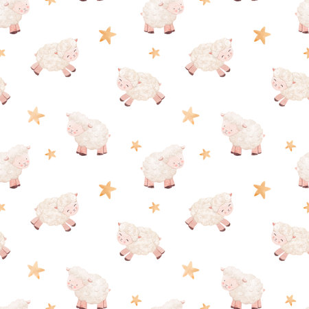 Beautiful childrens seamless pattern with cute hand drawn watercolor sheep animal like cloud. Stock illustration.の写真素材