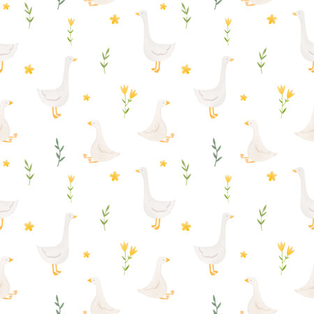 Beautiful childrens seamless pattern with cute hand drawn watercolor goose bird. Stock illustration.の写真素材