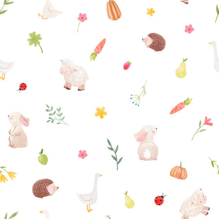 Beautiful childrens seamless pattern with hand drawn watercolor cute animals flowers and veggies. Stock illustration.の写真素材