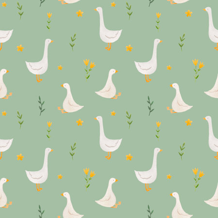 Beautiful childrens seamless pattern with cute hand drawn watercolor goose bird. Stock illustration.の写真素材