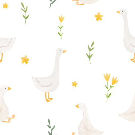 Beautiful childrens seamless pattern with cute hand drawn watercolor goose bird. Stock illustration.の写真素材