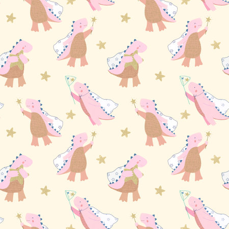 Beautiful kids seamless pattern with hand drawn cute dinosaurs and stars. Stock illustration.の写真素材