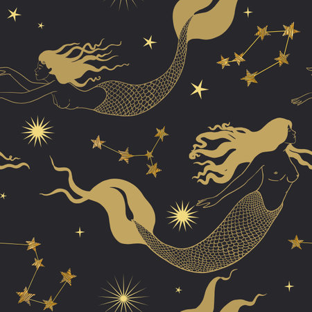 Beautiful seamless pattern with gentle mermaids in the sea. Stock illustration. Fantasy creature.の写真素材