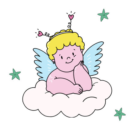 Beautiful vector stock illustration with cute hand drawn baby putti angel. Clip art.のイラスト素材