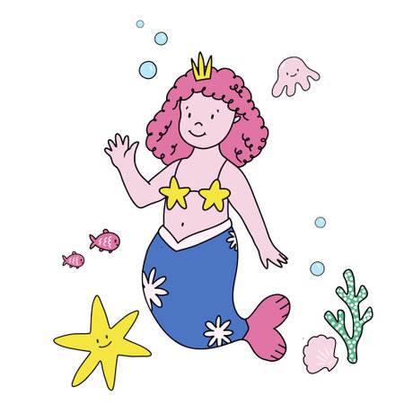 Beautiful vector stock illustration with cute hand drawn mermaid. Clip art.のイラスト素材