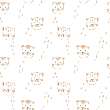 Beautiful kids vector seamless pattern with cute hand drawn tiger faces. Children stock illustratrion.のイラスト素材