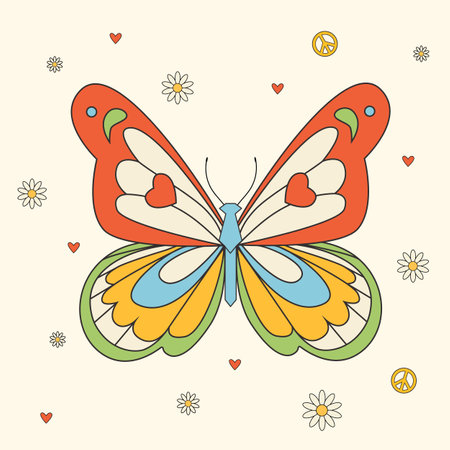 Beautiful groovy butterfly vector hand drawn illustration. Stock pop clip art in Hippie 60s 70s style. Peace. Pacific.のイラスト素材