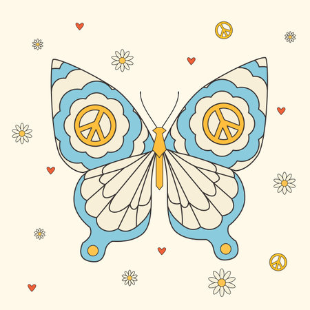 Beautiful groovy butterfly vector hand drawn illustration. Stock pop clip art in Hippie 60s 70s style. Peace. Pacific.のイラスト素材